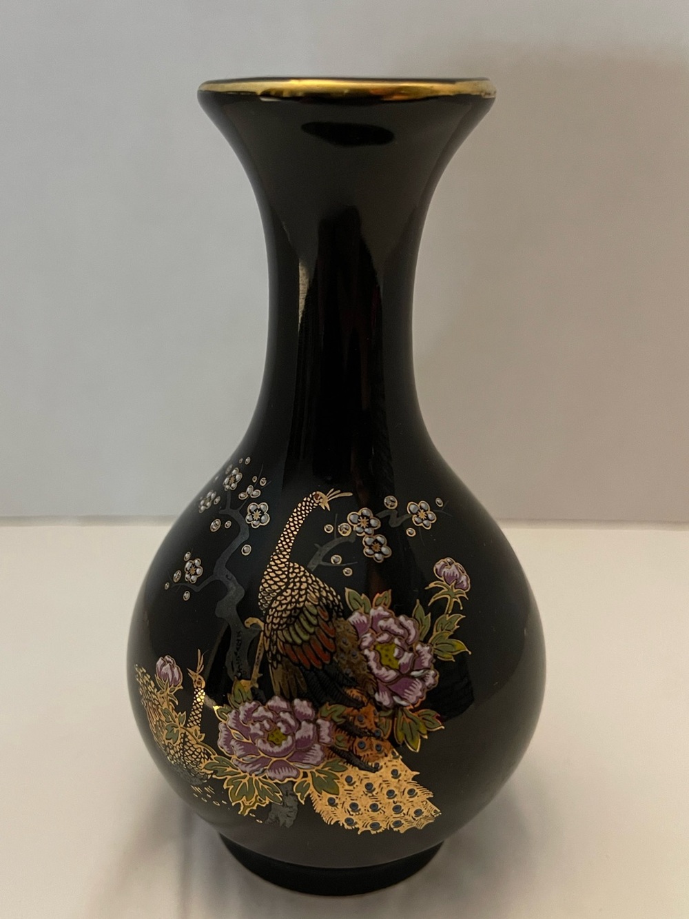 Japanese Black & Gold Floral Peacock Ceramic Vase - Elegant Home Accent